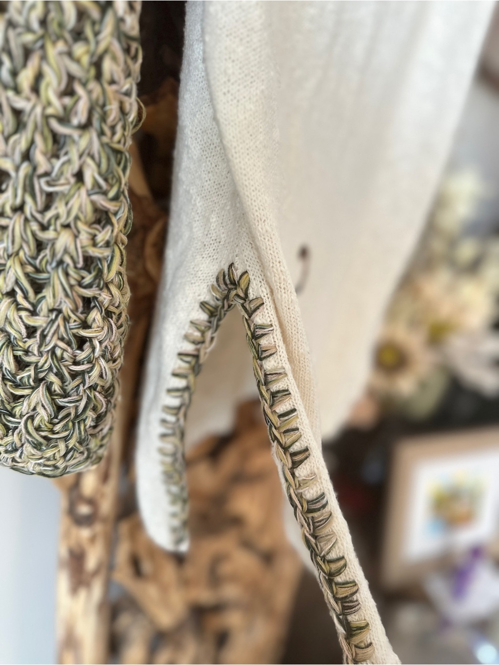 Cream Tunic Sweater with Olive Knit Sleeves and Teal Flower - Picture 4 of 5